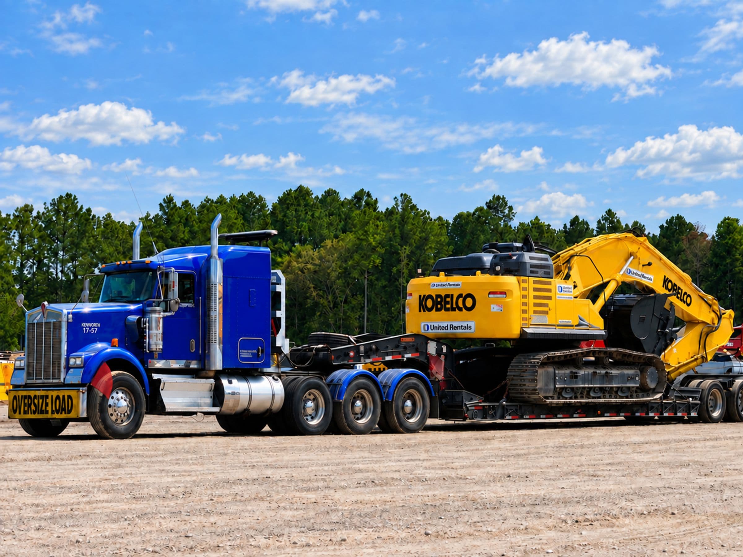 Blue Kenworth hauling a Kobelco excavator on a lowboy trailer